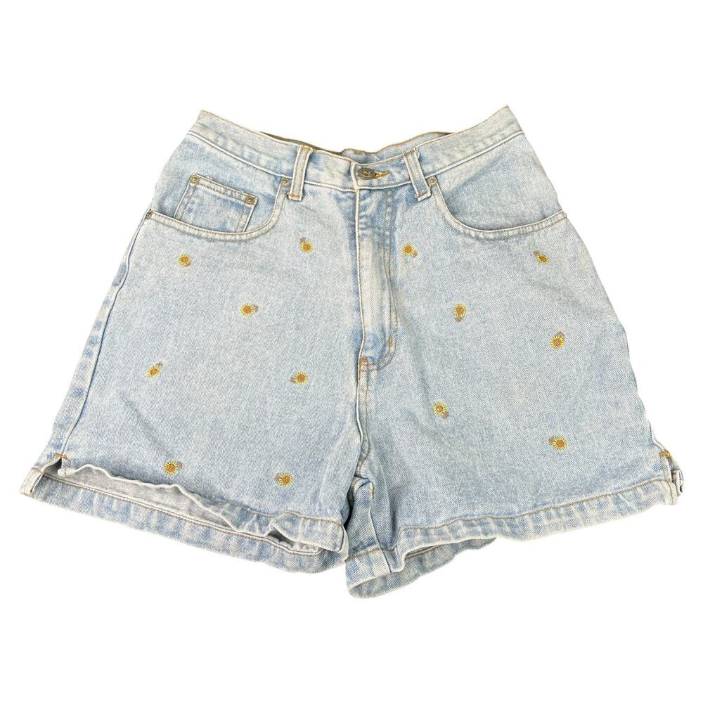 Bill Blass VTG 90s High Waisted Jean Shorts Embroidered Sunflower Light Wash 10
